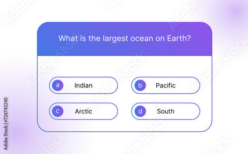 Quiz questions game template. Multiple choice test. Used in answer shows on TV and social media. Vector gradient design.
