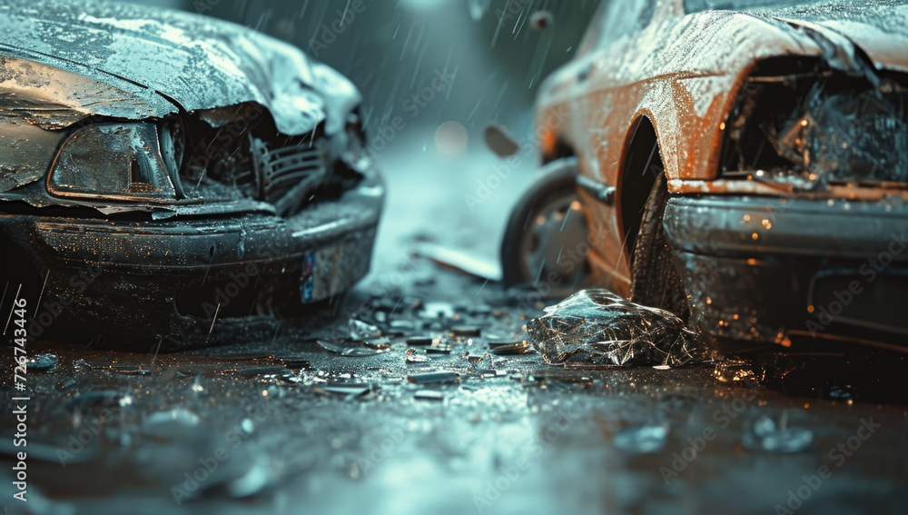 crash between two cars that have smashed their windshields - obrazy, fototapety, plakaty 