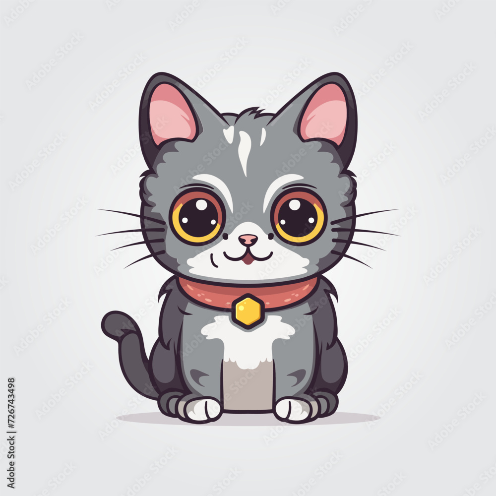 Cute kitty of kawaii style with big eyes and jolly smiling vector illustration in white background Cute kitty of kawaii style with big eyes and jolly smiling vector illustration in white background