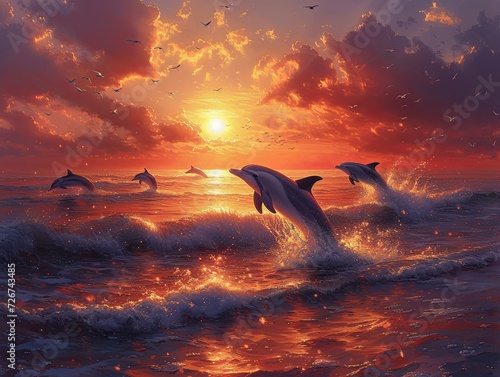 Three Dolphins Jumping Out of the Water at Sunset © DigitalMuseCreations