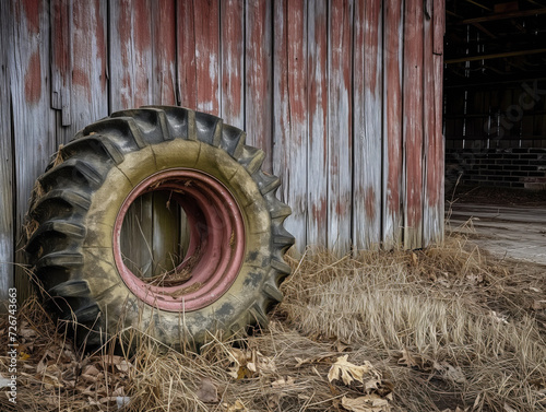 Fotografie A forsaken tractor tire rests in an old barn, exuding an aura of abandonment and the passage of time