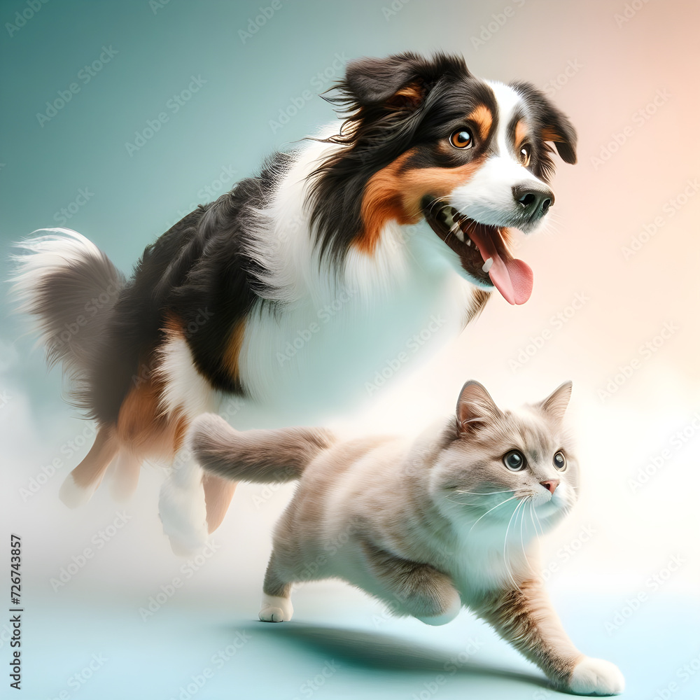 Dogs and cats in action in pastel colors with a solid background and fog effect