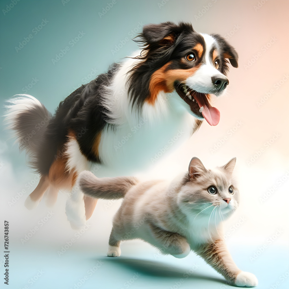 Fototapeta premium Dogs and cats in action in pastel colors with a solid background and fog effect