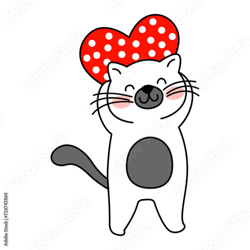 Adorable gatito blanco sosteniendo un corazón rojo