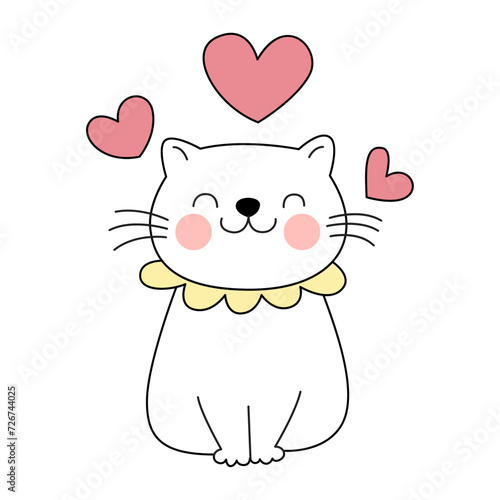 Ilustración de un lindo gatito, diseño kawaii. Ilustración plana de un lindo gato con fondo pastel. Diseño de camiseta para amantes de los gatos. Adorno amarillo en el cuello