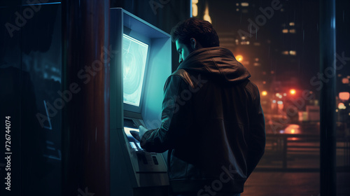 Man at ATM in urban setting