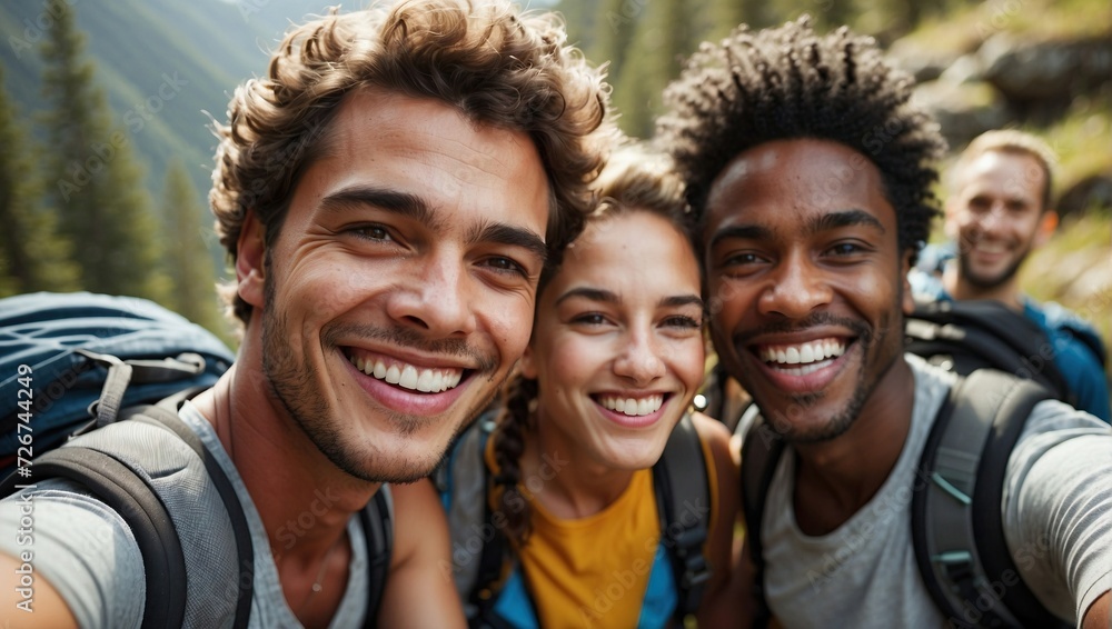 Outdoor close-up selfie of a joyful mixed group of friends with backpacks, hiking in a forested area, smiling at the camera. Outdoor close-up selfie of a joyful mixed group of friends with backpacks, hiking in a forested area, smiling at the camera.