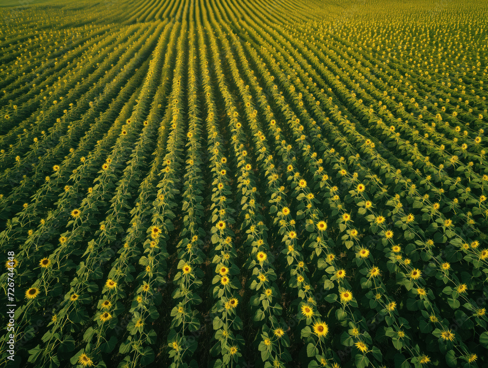 A mesmerizing aerial photo showcases a breathtaking field abundant with vibrant green and yellow sunflowers, ready for harvest, symbolizing a bountiful yield in a picturesque scene.