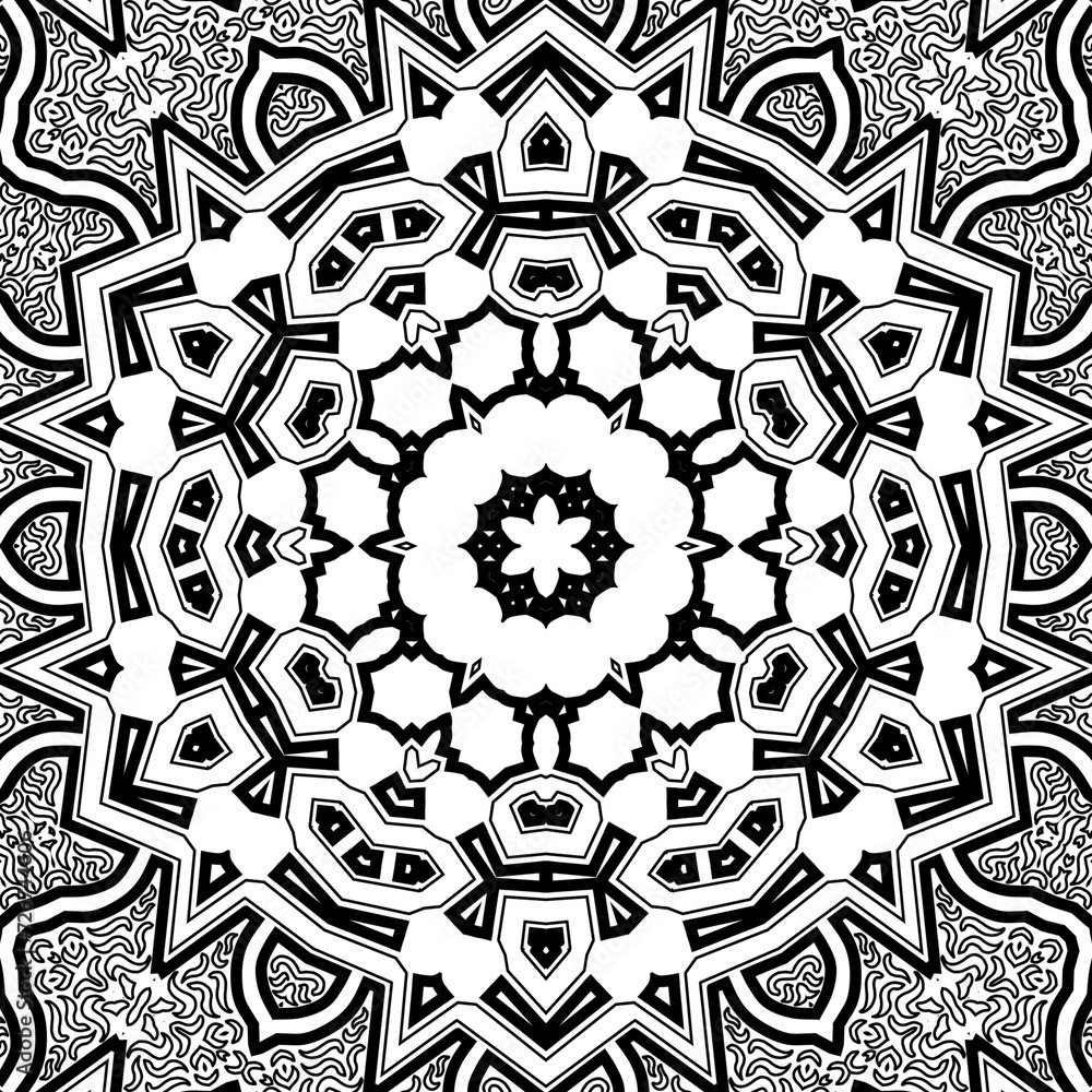 Hand drawn Mandala, black and white art.