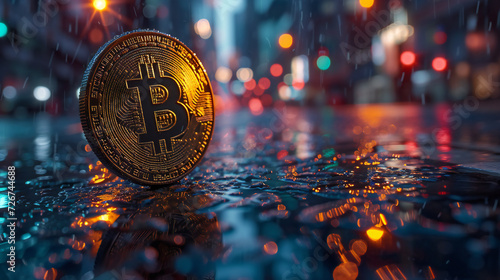 Golden Bitcoin on Wet City Street - Cryptocurrency, Blockchain, Digital Currency photo