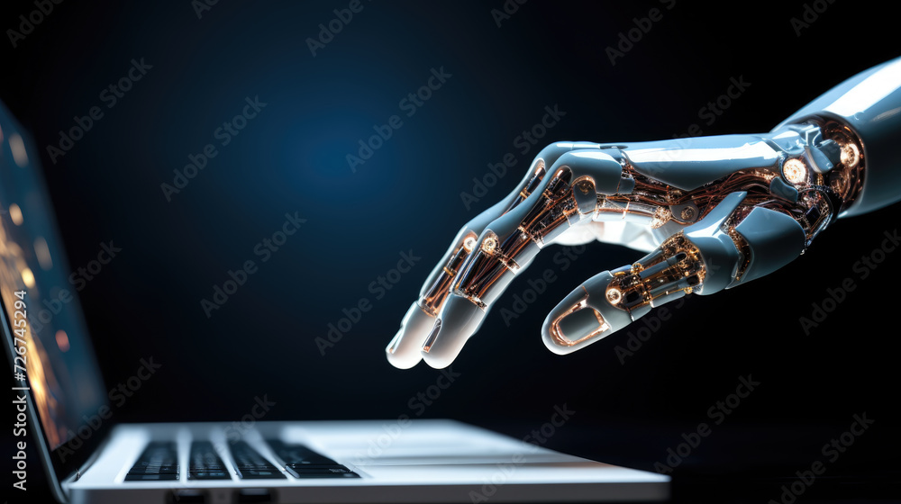 Robot hands point to laptop button advisor chatbot robotic artificial intelligence concept. Robot hands point to laptop button advisor chatbot robotic artificial intelligence concept.