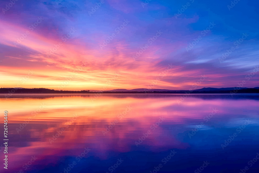 sunrise over a serene lake, with vibrant colors painting the sky