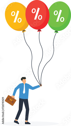 Businessmen tries to pull down many inflation balloons. Reserve try to tame inflation down by interest rate hike, Stop inflation bubble concept,
 photo