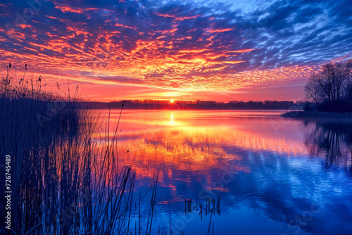 sunrise over a serene lake  with vibrant colors painting the sky