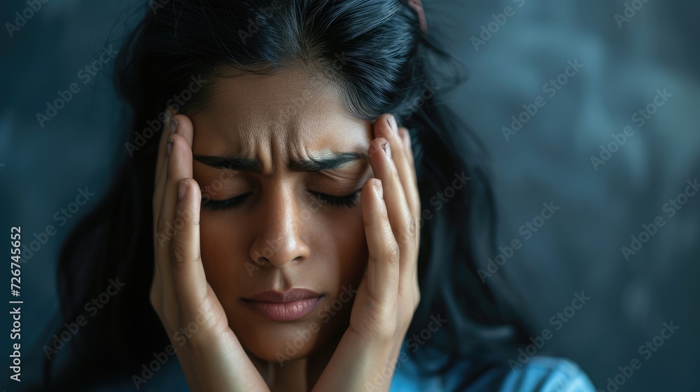 Depressed frustrated young Indian woman suffering from headache, migraine, touching face, head with closed eyes, feeling stressed, sick, tired, thinking over bad news, problems, crisis Depressed frustrated young Indian woman suffering from headache, migraine, touching face, head with closed eyes, feeling stressed, sick, tired, thinking over bad news, problems, crisis
