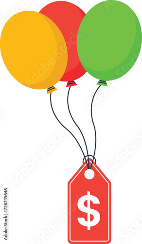 Air balloons tied with product price tag flying high rising up in the sky, Inflation causing price rising up, Overvalued stock or funds, Consumer purchasing power reducing concept,
