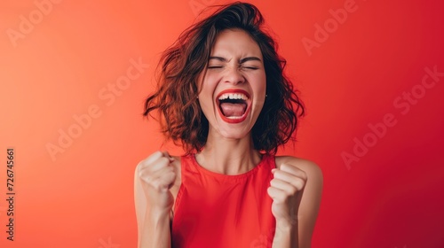 ecstatic lady shout loud yeah fist up raise win lottery isolated bright shine color background