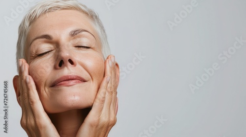Gorgeous senior older woman with closed eyes touching her perfect skin. Beautiful portrait mid 50s aged woman advertising facial antiage lift products salon care tighten skin isolated on white.