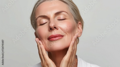 Gorgeous senior older woman with closed eyes touching her perfect skin. Beautiful portrait mid 50s aged woman advertising facial antiage lift products salon care tighten skin isolated on white.