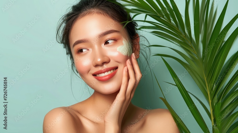 skincare and cosmetics concept with copy space for text. Woman with beautiful face touching healthy facial skin portrait. Beautiful happy Asian girl model with natural skincare and cosmetics concept with copy space for text. Woman with beautiful face touching healthy facial skin portrait. Beautiful happy Asian girl model with natural