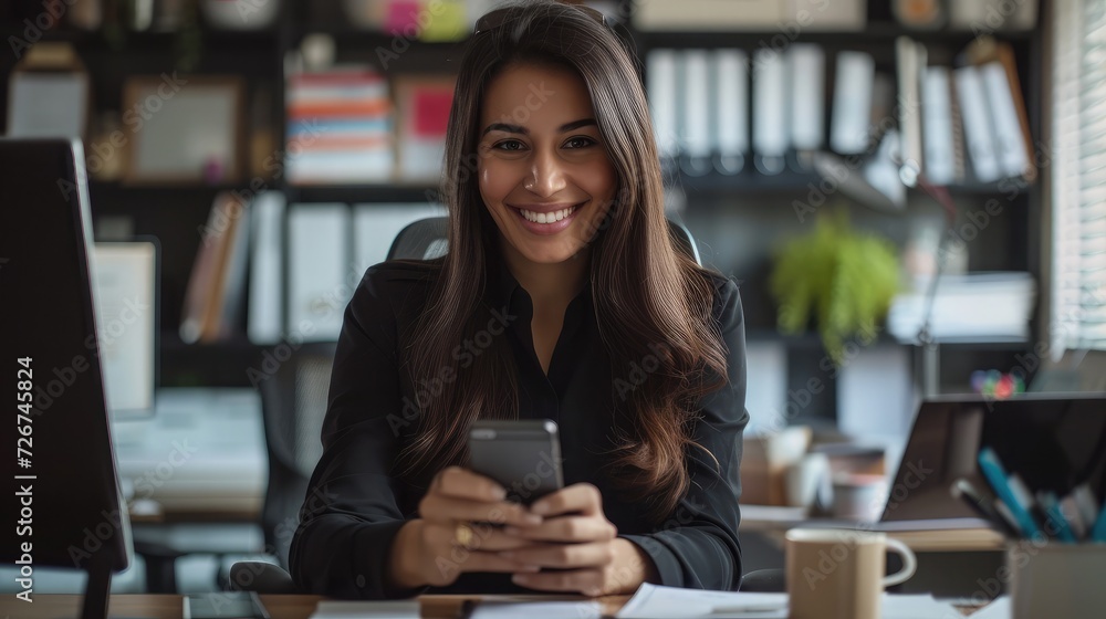 Hispanic businesswoman in formal attire in her office happy and cheerful while using smartphones and working. Young businesswoman using apps on cell phones, reading news, fast connection Hispanic businesswoman in formal attire in her office happy and cheerful while using smartphones and working. Young businesswoman using apps on cell phones, reading news, fast connection