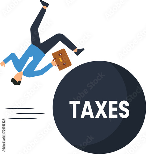 Businessman running away from huge tax pendulum, Tax and debt and burden fees and crisis and bankruptcy concept,
