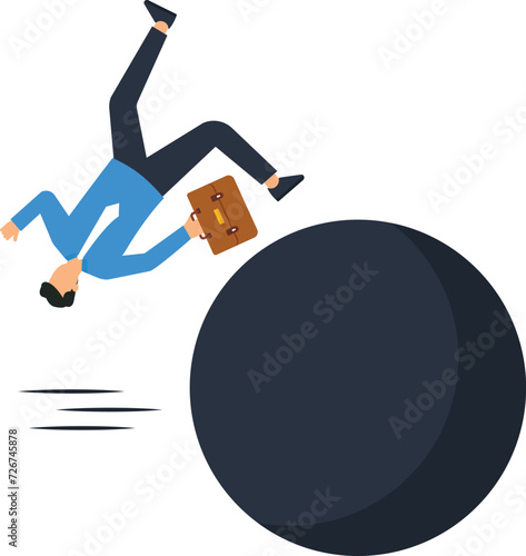 Businessman running away from huge Debt pendulum, Tax and debt burden or fees and crisis and bankruptcy concept,
