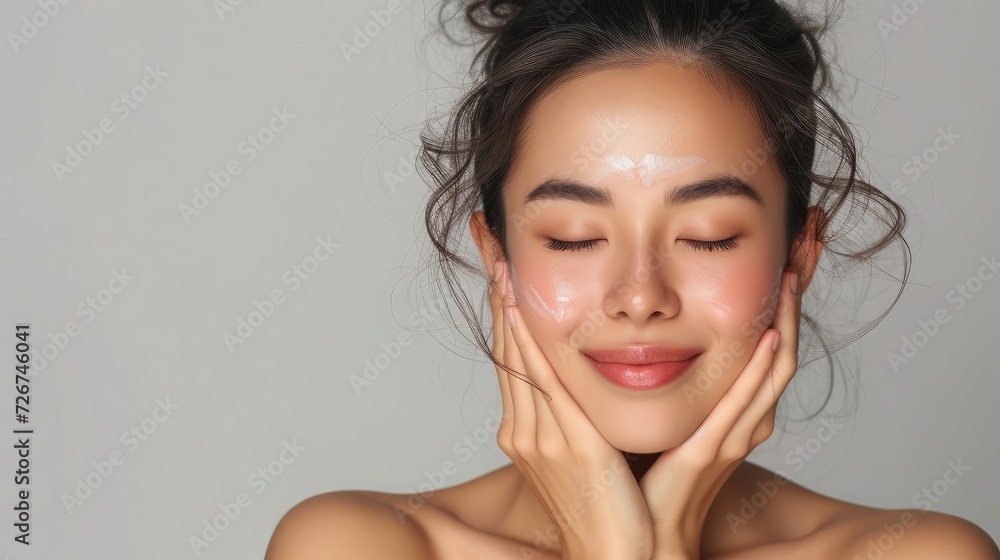 Portrait of beautiful asain woman touching her clean and healthy face against grey background Smiling hispanic woman with natural makeup feeling healthy skin with eyes closed Beauty care pampering Portrait of beautiful asain woman touching her clean and healthy face against grey background Smiling hispanic woman with natural makeup feeling healthy skin with eyes closed Beauty care pampering