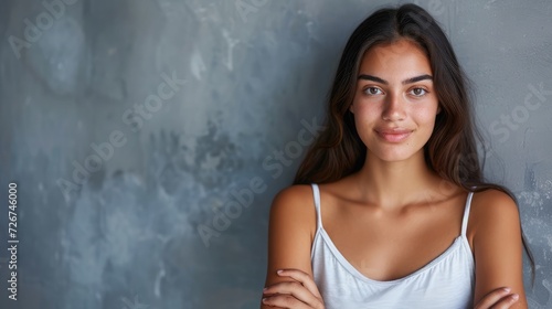 Portrait of a young latin woman with pleasant smile and crossed arms isolated on grey wall with copy space. Beautiful girl with folded arms looking at camera against grey wall. Cheerful hispanic woman © buraratn