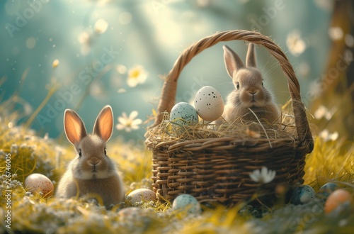 Charming Easter Basket Delight - Easter Eggs and Easter Bunny in the Basket