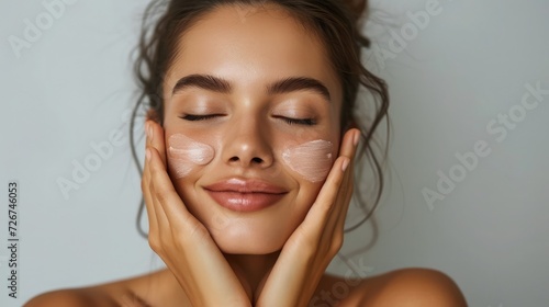 Portrait of beautiful asain woman touching her clean and healthy face against grey background Smiling hispanic woman with natural makeup feeling healthy skin with eyes closed Beauty care pampering