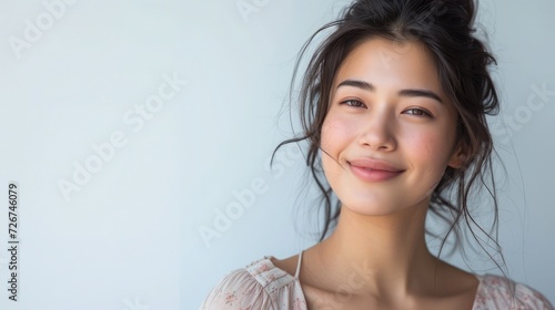 portrait of yong woman casual portrait in positive view, big smile, beautiful model posing in studio over white background. Caucasian Asian portrait woman.