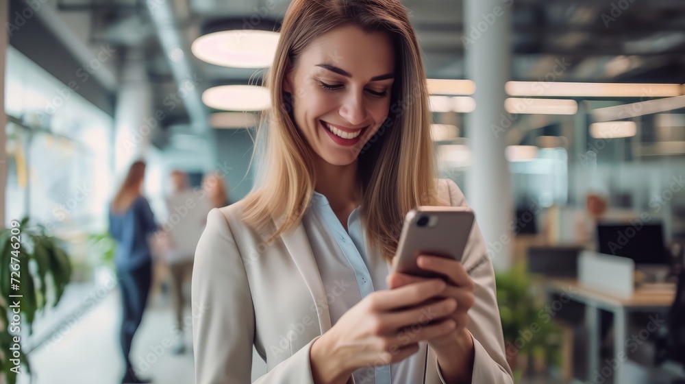 Smiling businesswoman using her phone in the office. Small business entrepreneur looking at her mobile phone and smiling while communicating with her office colleagues Smiling businesswoman using her phone in the office. Small business entrepreneur looking at her mobile phone and smiling while communicating with her office colleagues