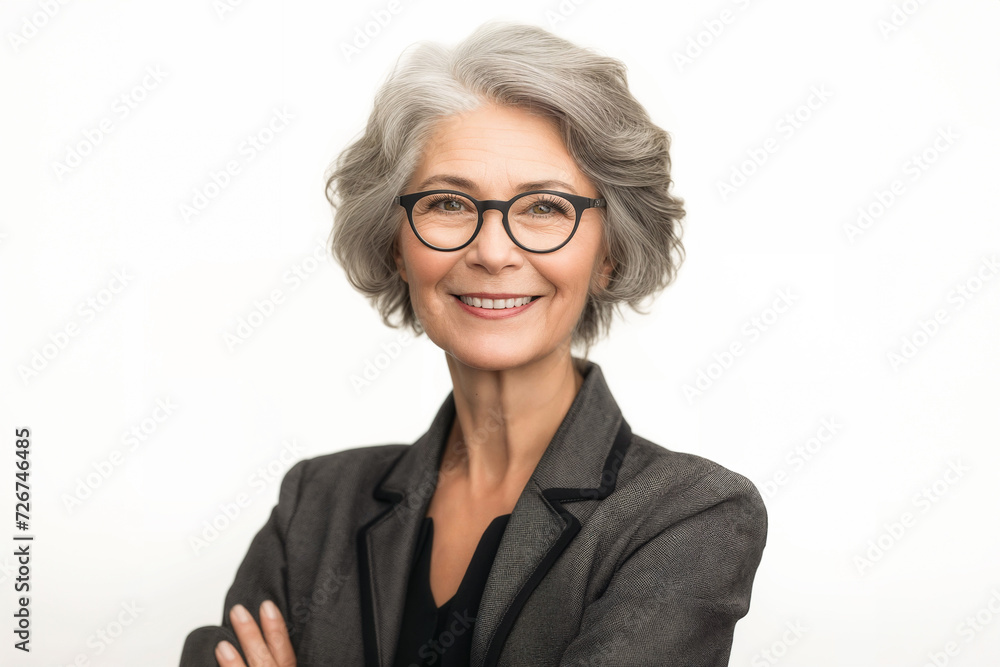 Smiling mature female architect wearing glasses captured in a realistic style against a white background. Woman CEO. Business person. Corporate business portrait. 
