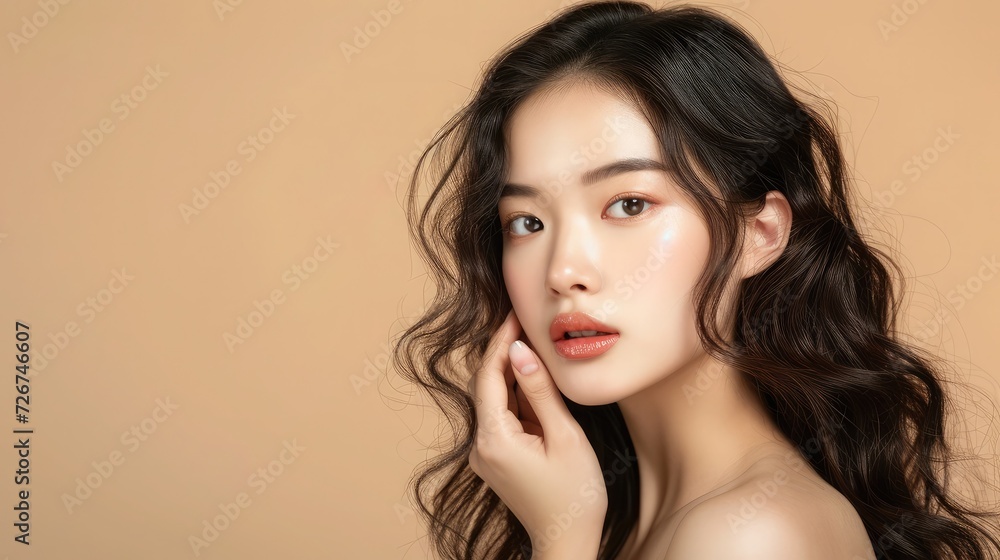 Naklejka premium Asian beauty woman curly long hair with korean makeup style touch her face and perfect skin on isolated beige background. Facial treatment, Cosmetology, plastic surgery