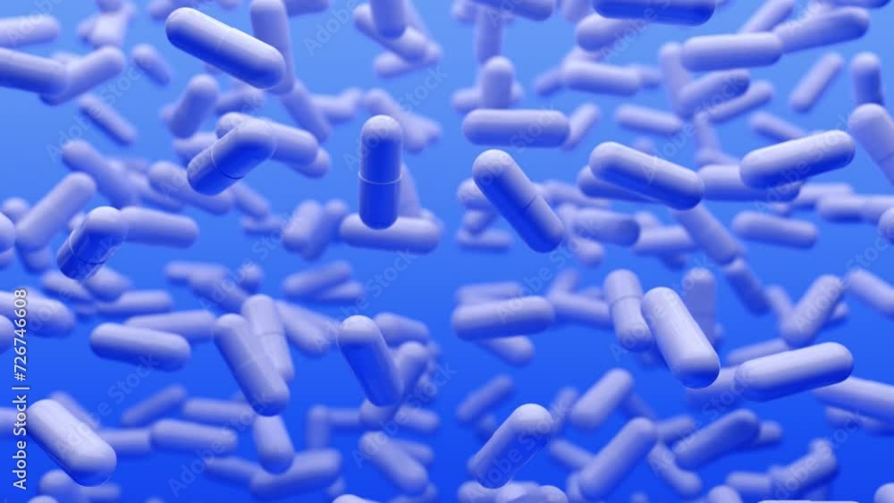 Studio shot of white capsules falling against blue background. 3d Loop Animation, 4K Studio shot of white capsules falling against blue background. 3d Loop Animation, 4K