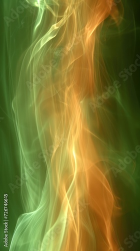 Fire flames on green background, smoke, abstract vertical illustration