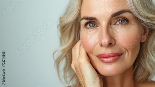 Beautiful gorgeous 50s mid aged mature woman looking at camera isolated on white. Mature old lady close up portrait. Healthy face skin care beauty 