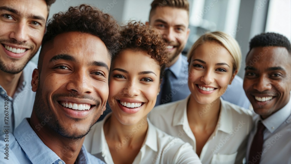 Group selfie of smiling diverse professionals in an office, projecting team unity and joy with a comfortable and friendly corporate atmosphere. Group selfie of smiling diverse professionals in an office, projecting team unity and joy with a comfortable and friendly corporate atmosphere.