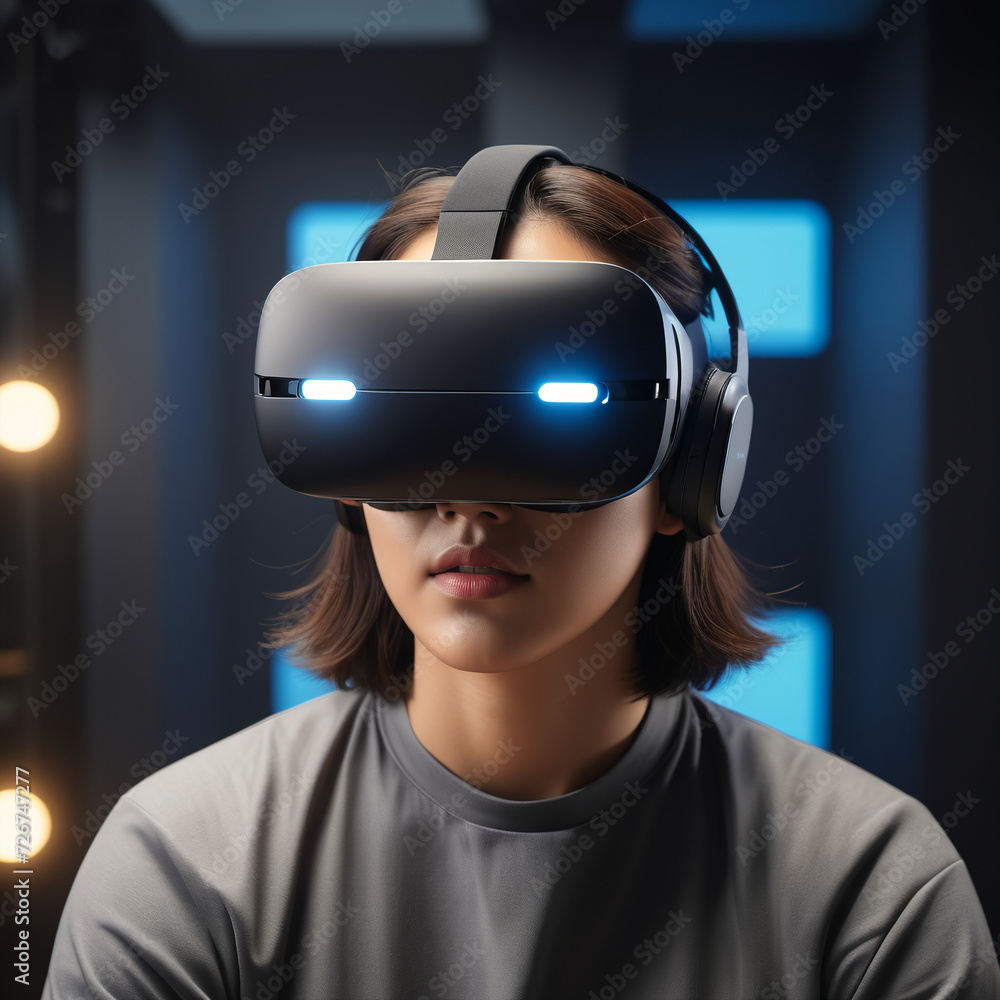 Young woman wearing augmented virtual reality device Young woman wearing augmented virtual reality device