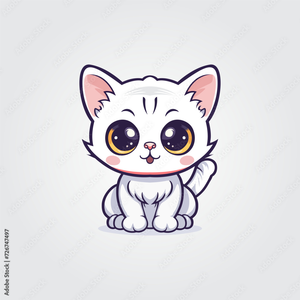Cute kitty of kawaii style with big eyes and jolly smiling vector illustration in white background Cute kitty of kawaii style with big eyes and jolly smiling vector illustration in white background