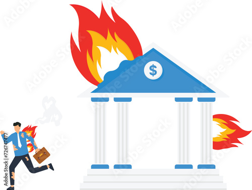 Burning Bank is being extinguished from an extinguisher, Firemen put out a Bank fire, Firefighter using fire extinguisher for fire fighting burning bank concept,

