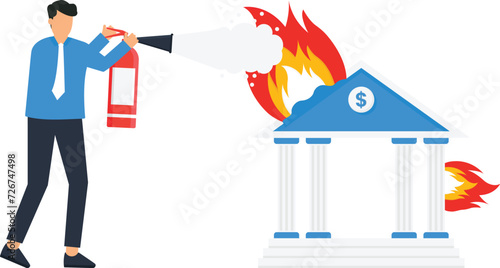 Burning Bank is being extinguished from an extinguisher, Firemen put out a Bank fire, Firefighter using fire extinguisher for fire fighting burning bank concept,
