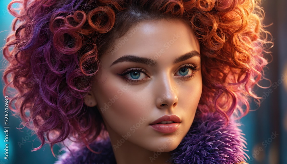 a close-up view of a young woman with striking colorful hair, highlighted by a rainbow of hues and a soft, vivid backdrop a close-up view of a young woman with striking colorful hair, highlighted by a rainbow of hues and a soft, vivid backdrop