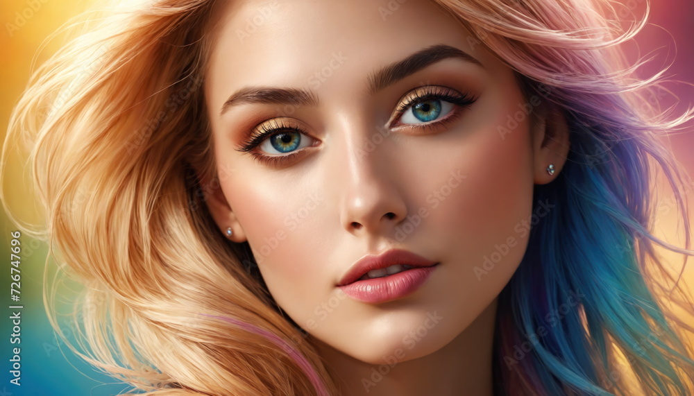 a close-up view of a young woman with striking colorful hair, highlighted by a rainbow of hues and a soft, vivid backdrop