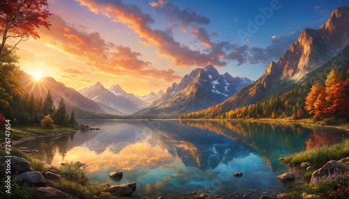 Majestic Sunset Over a Tranquil Mountain Lake Surrounded by Autumn Foliage