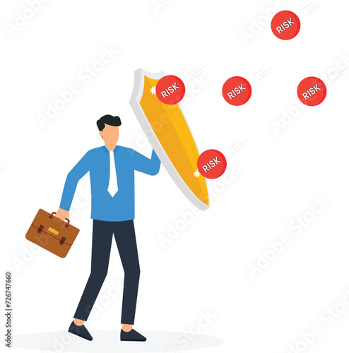 Businessman protection of himself from risk for safety and secure from shield concept,
