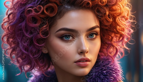 a close-up view of a young woman with striking colorful hair  highlighted by a rainbow of hues and a soft  vivid backdrop