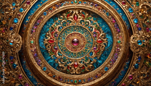 Beautifully detailed gold mandala, ornately decorated with an array of colorful gemstones and exquisite craftsmanship