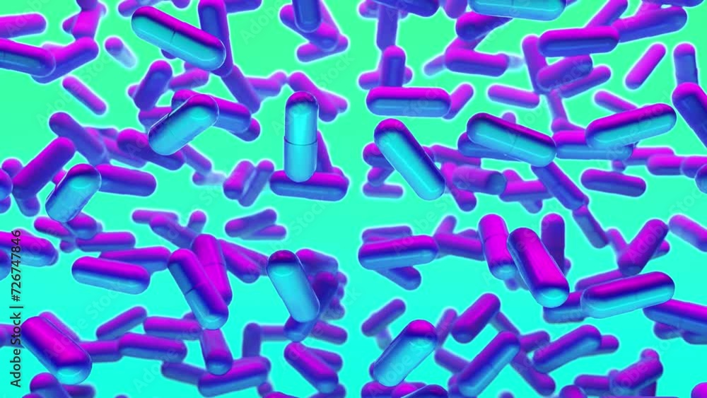 Multicolored 3D background with slowly floating capsules. Psychedelic drug for the treatment of severe stages of depression. Fashion, VJ, Neon concept. 3d Loop Animation, 4K Multicolored 3D background with slowly floating capsules. Psychedelic drug for the treatment of severe stages of depression. Fashion, VJ, Neon concept. 3d Loop Animation, 4K
